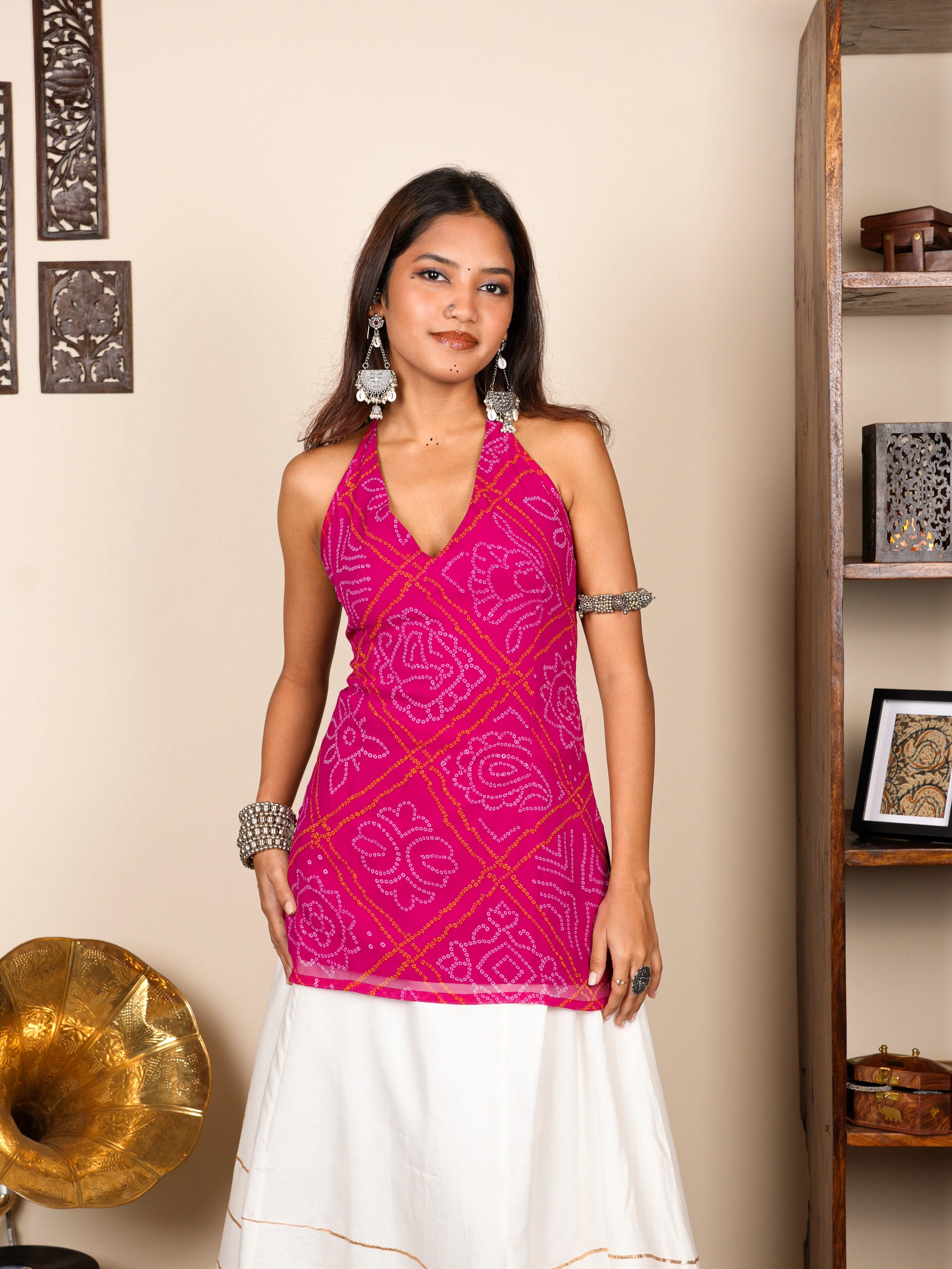 Rang Bandhani Halter Neck Corset Kurti