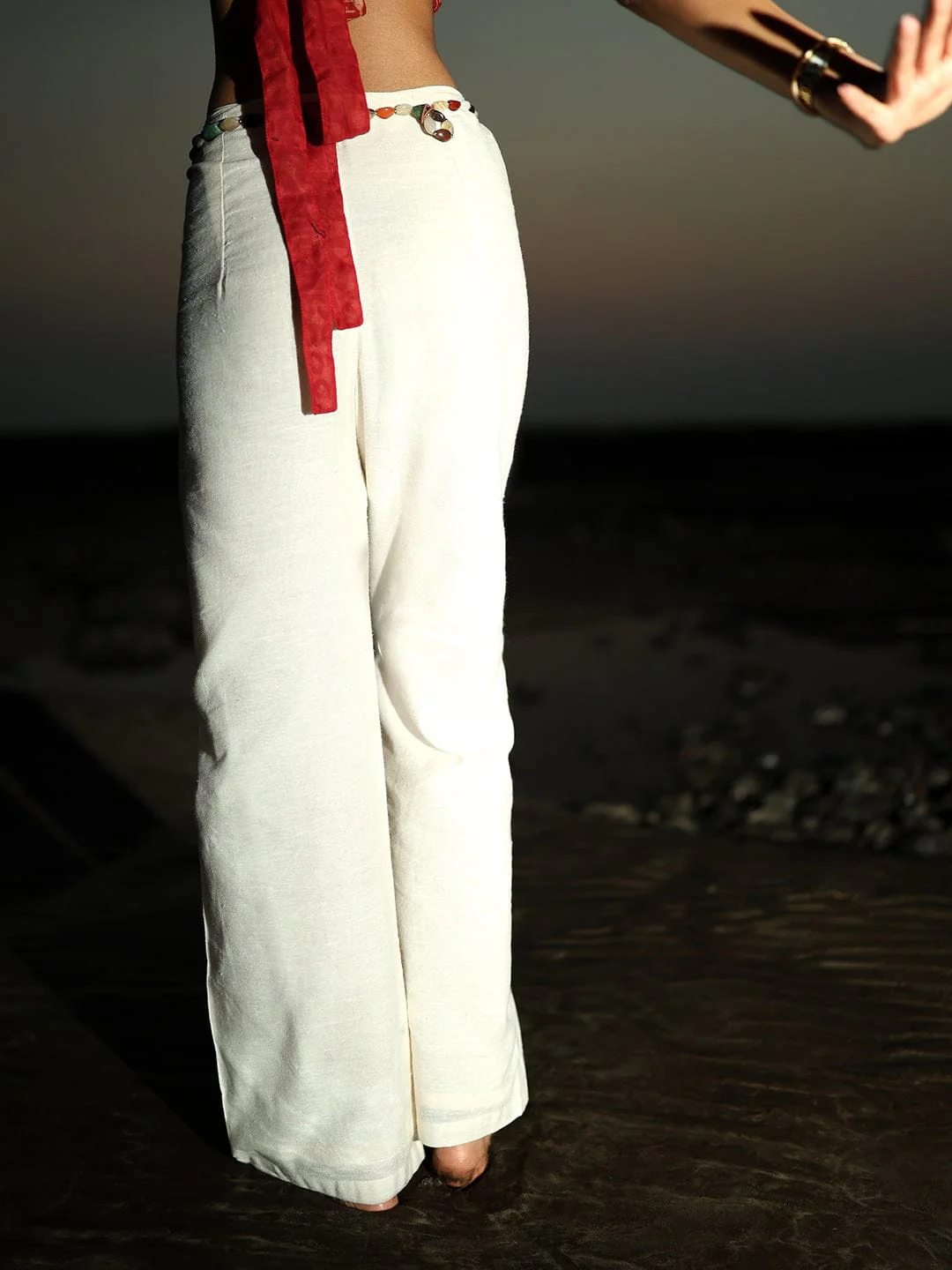 Off White Loose fitting linen pants ( BEADED BELT NOT INCLUDED ) - Image 3