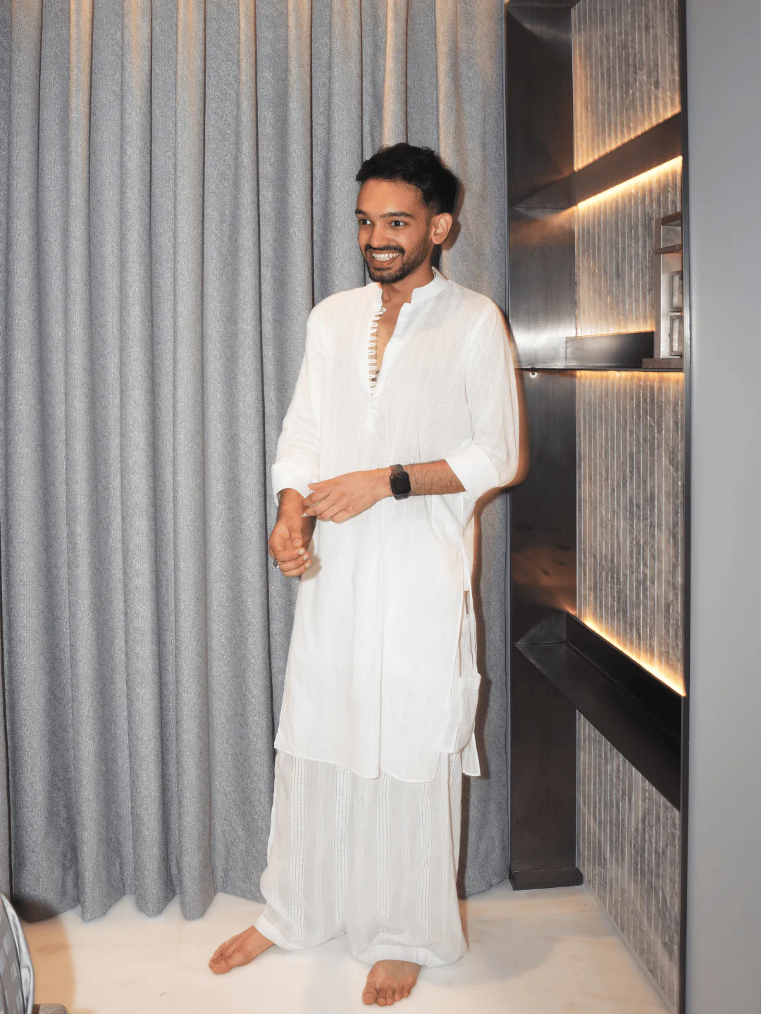 Karam White Jacquard Long Kurta - Image 3