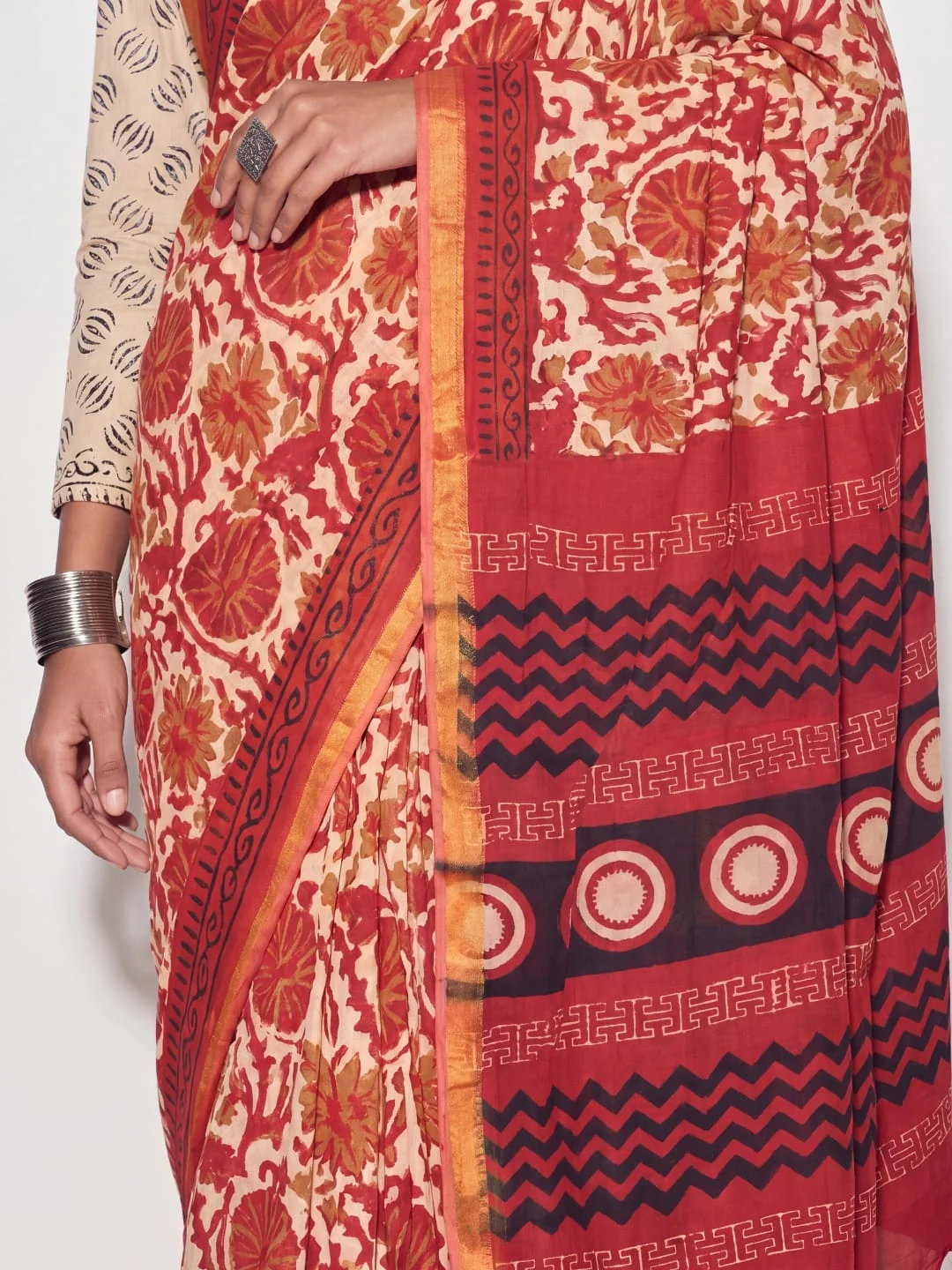Mridul Floral Block Print Saree - Image 4