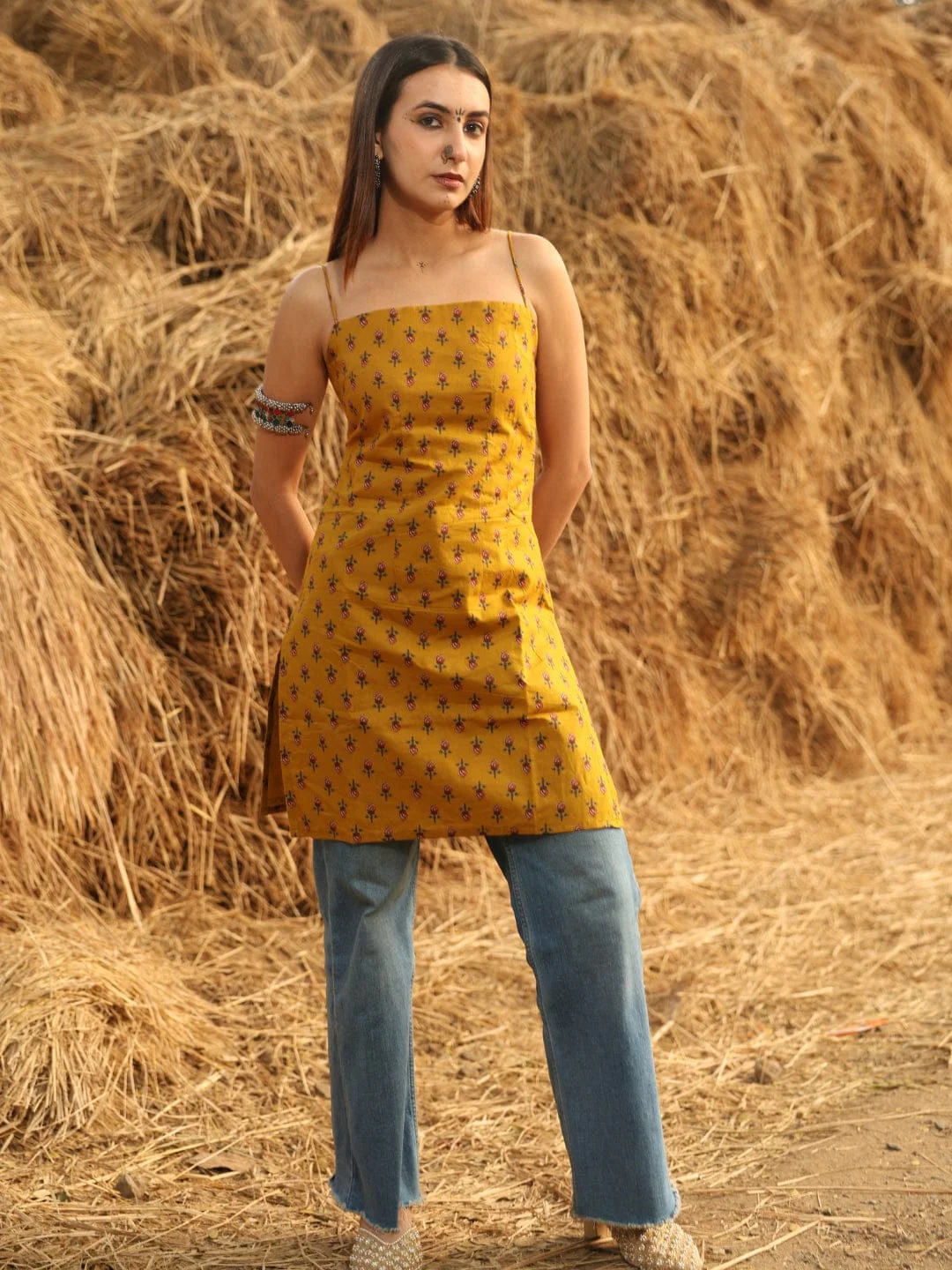 Mustard Noodle Strap Corset Kurti - Image 3