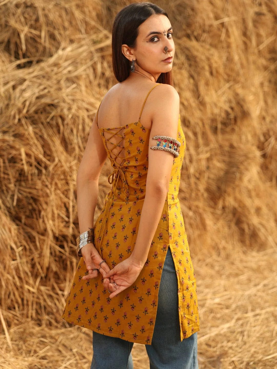 Mustard Noodle Strap Corset Kurti - Image 4