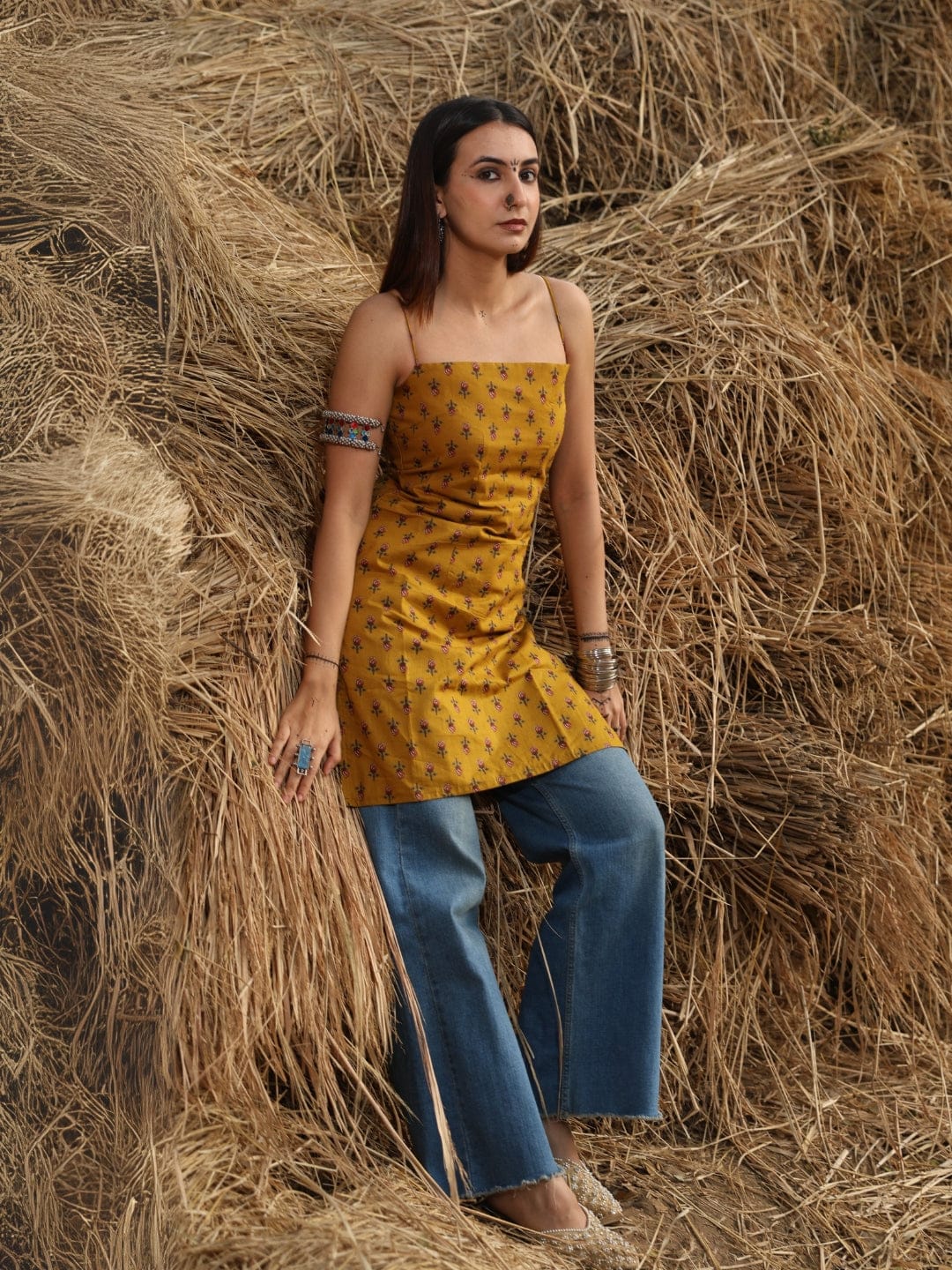 Mustard Noodle Strap Corset Kurti - Image 5